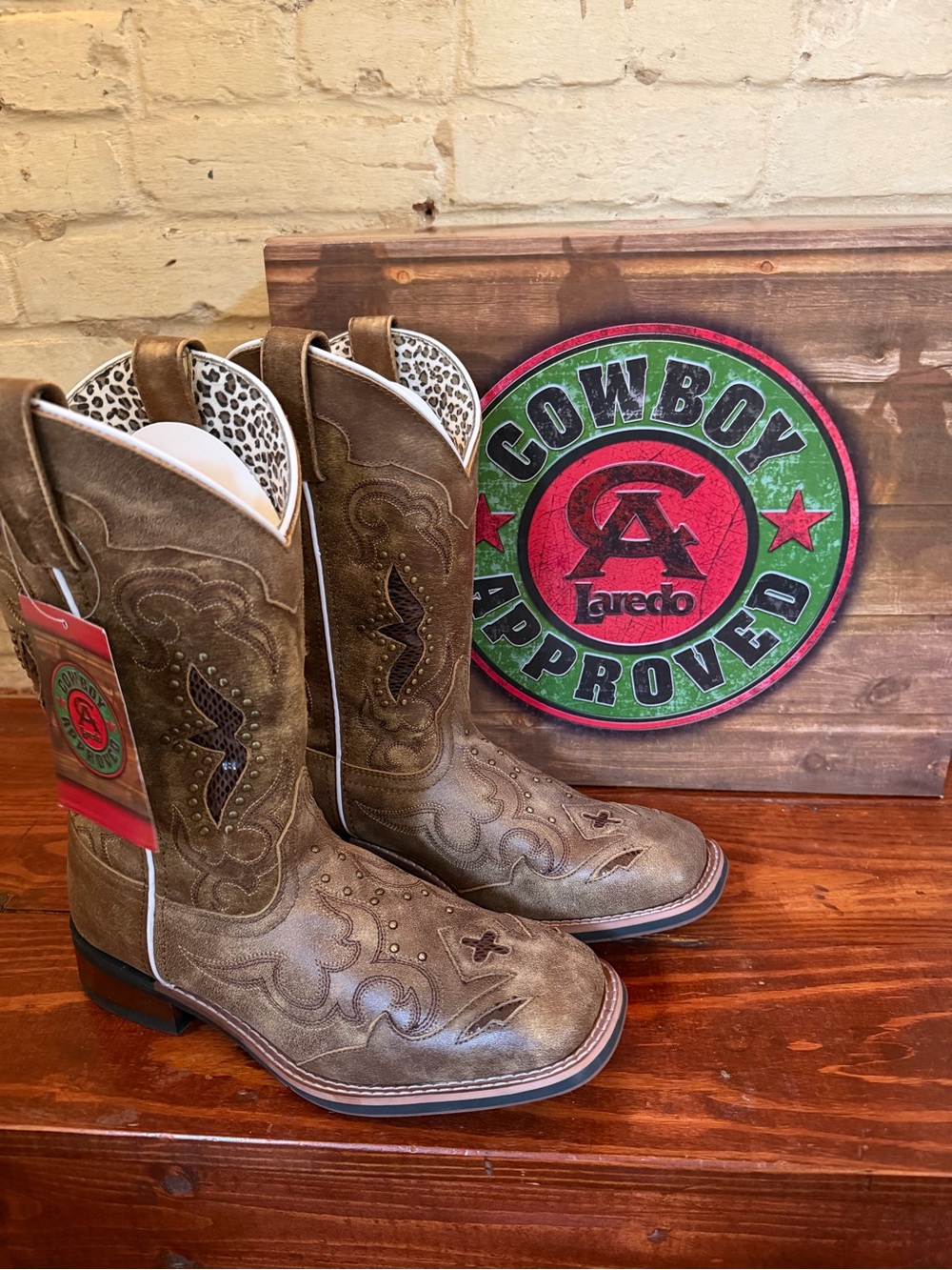 Laredo Brown Distressed Leather Western Boots with White Piping